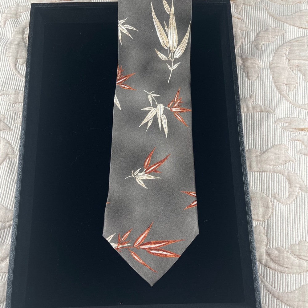 Diamante Couture Collection Mens Silk Tie Bamboo Leaf Grey Rust Hand Made Korea